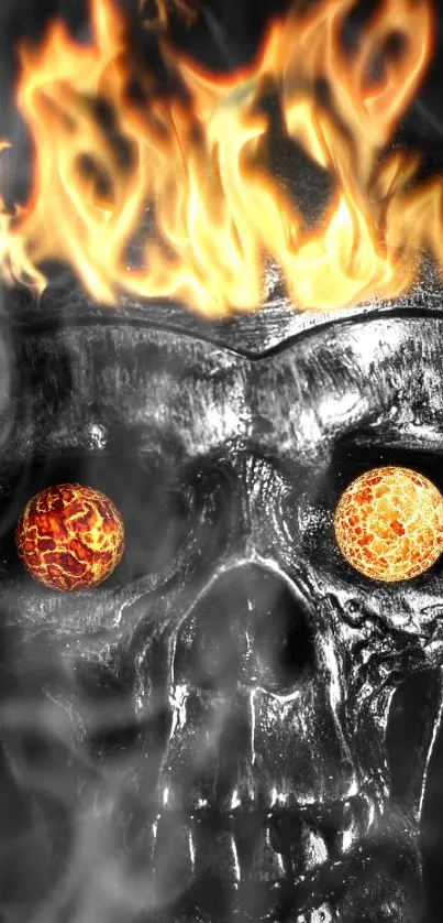 Fiery skull wallpaper with glowing eyes and smoke effects.