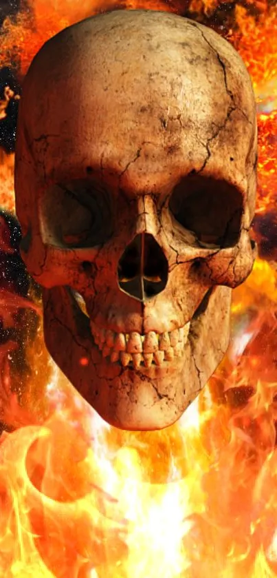 Skull surrounded by fiery flames in a cosmic backdrop.