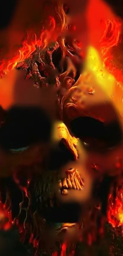 Fiery skull engulfed in vibrant flames on a dark background.