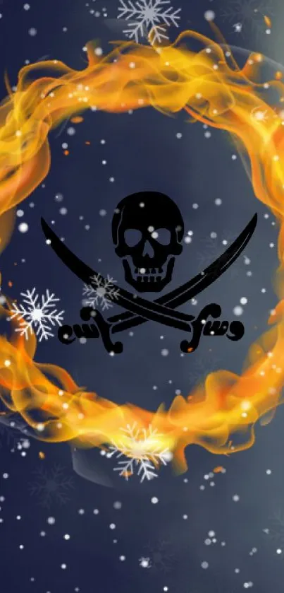 Fiery skull and flames mobile wallpaper with contrasting snowflakes.