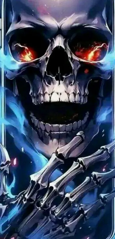 Fierce skull with blue flames on mobile wallpaper.