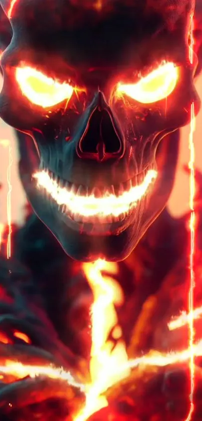 Fiery skull with glowing eyes in vibrant flames, perfect for mobile backgrounds.