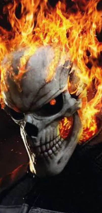 Skull with vivid orange flames on dark background.