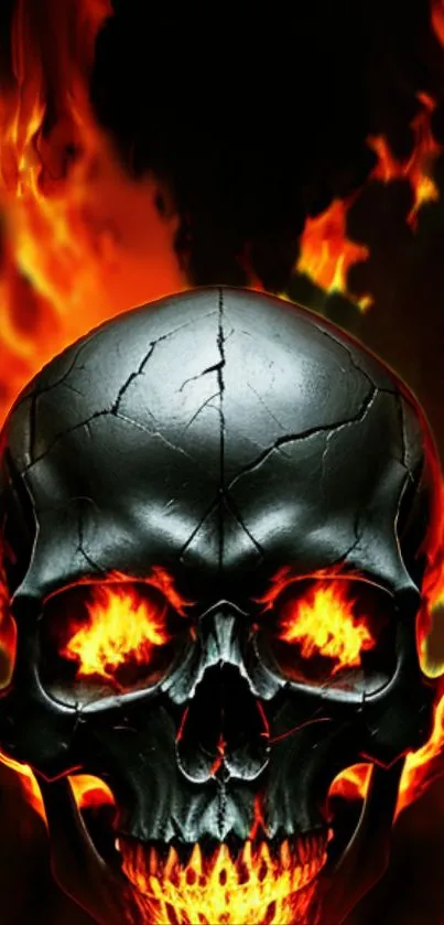 Fiery skull wallpaper with orange flames.