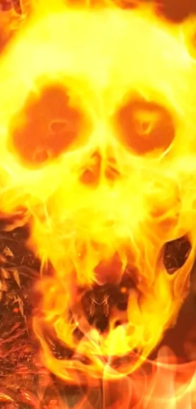 Fiery skull engulfed in flames wallpaper with vivid yellow and orange colors.