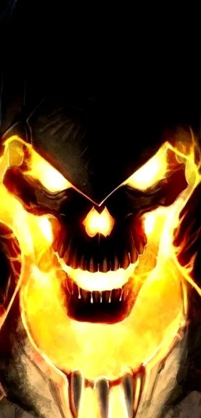 Fiery skull with vibrant flames on a mobile wallpaper background.