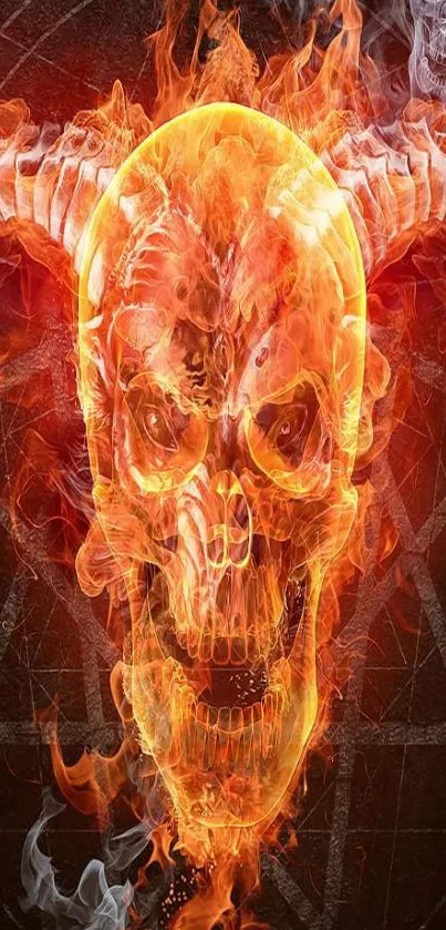 Fiery skull with horns and flames on wallpaper.