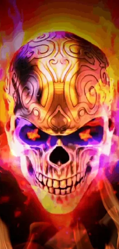 Fiery skull with vibrant flames mobile wallpaper in bold colors.