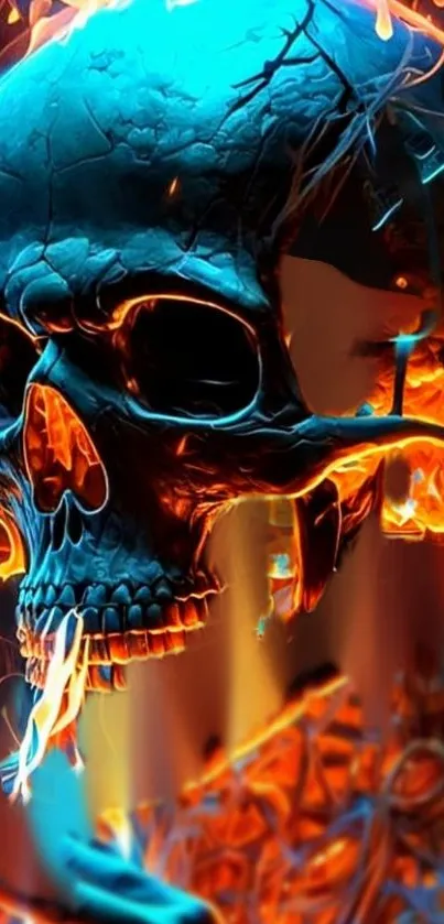 Fiery skull with neon flames mobile wallpaper.