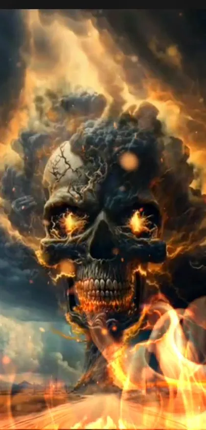 Intense fiery skull wallpaper with flames and dark background.