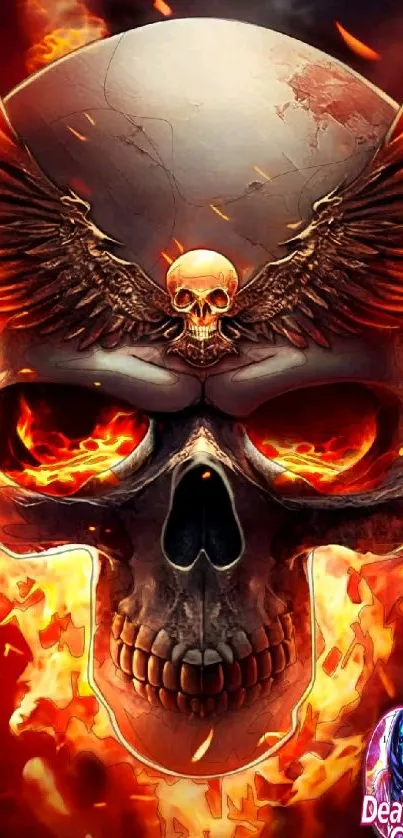 Fiery skull with wings and flames mobile wallpaper.