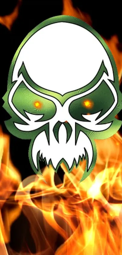 Skull with green outlines in fiery flames on black background.