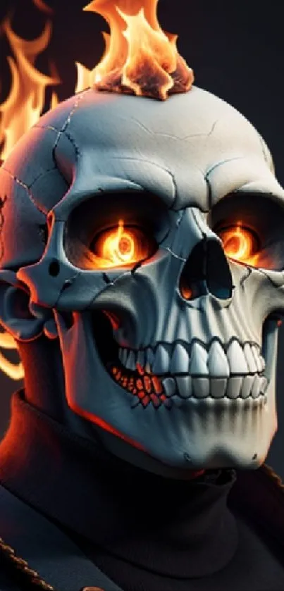 Fiery skull with glowing eyes and flames, mobile wallpaper.