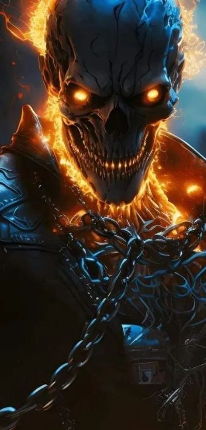 Fiery skull with glowing eyes, surrounded by chains on a dark backdrop.