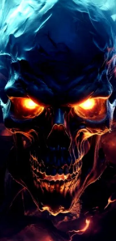 Fiery skull with glowing orange eyes on a dark background.