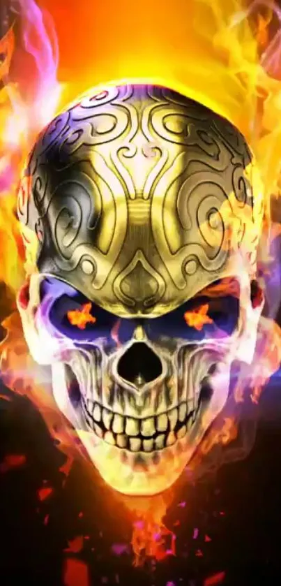 Fiery skull with golden design and bright flames mobile wallpaper.