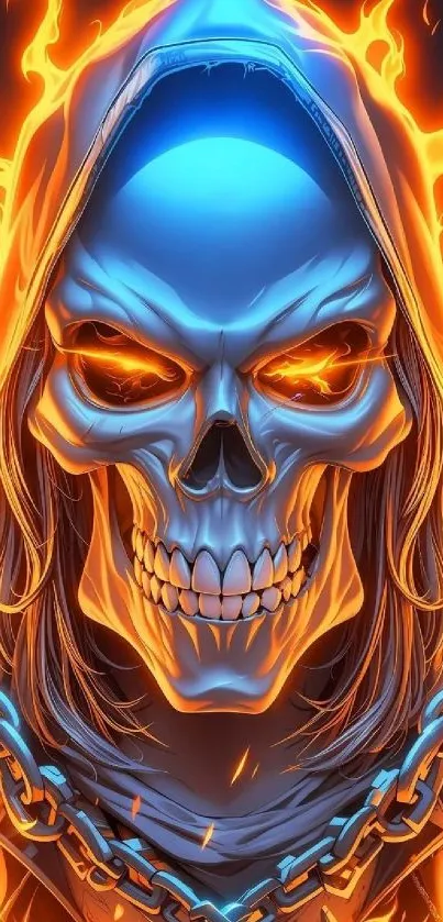 Fiery hooded skull with flames and chains.