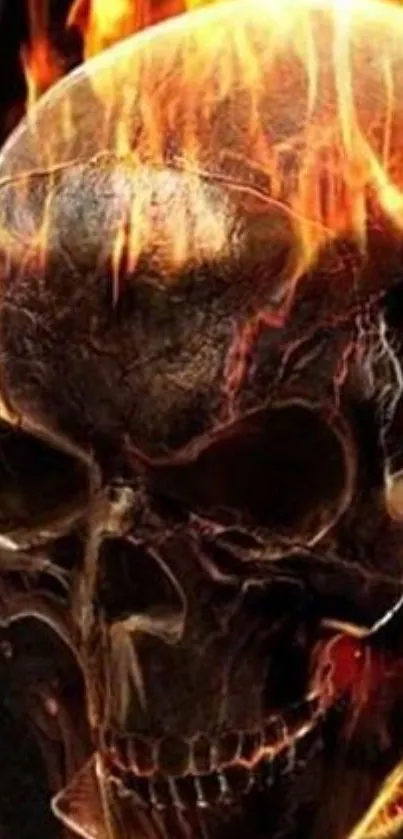 Intense fiery skull wallpaper with flames enveloping a dark skull design.