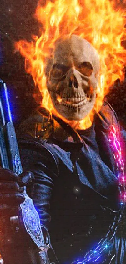 Fiery skull with glowing flames on dark background wallpaper.