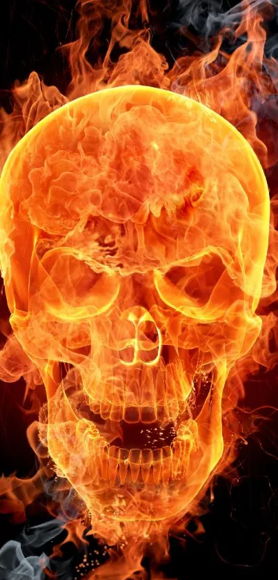 Fiery skull with orange flames radiates intensity on a dark background.