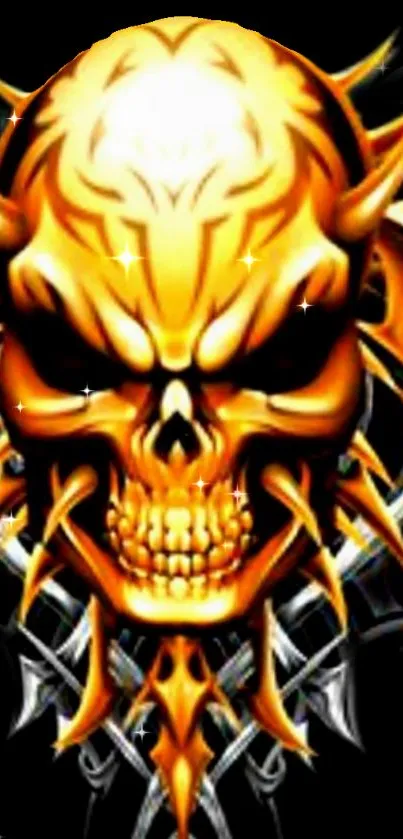 Golden skull with spikes on dark background wallpaper.