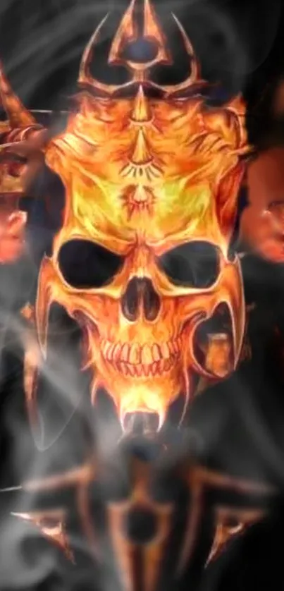 Fiery skull with intense flames and mystical smoke background.