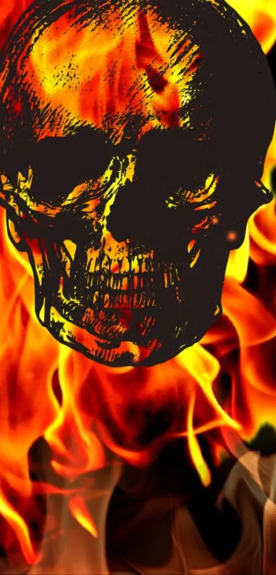 Vibrant skull engulfed in dynamic flames for mobile wallpaper.