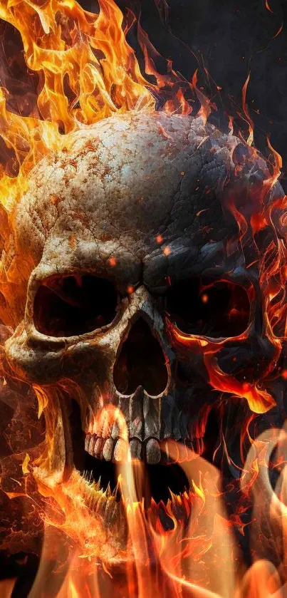 Fiery skull with vivid flames in a dark mobile wallpaper design.