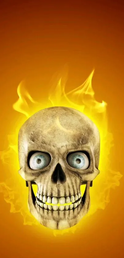 Fiery skull with blazing eyes on orange background wallpaper.