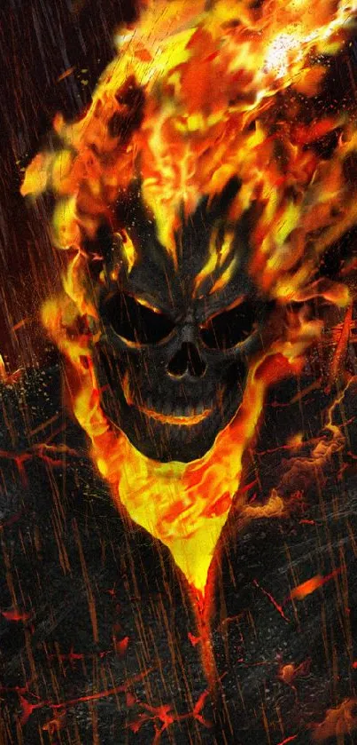 A skull engulfed in fiery flames on a dark background.