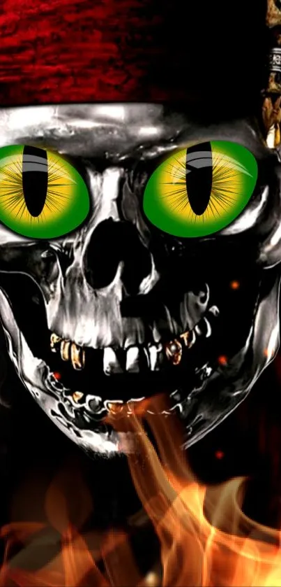 Fiery skull with green eyes and a vivid pirate theme on a dark background.