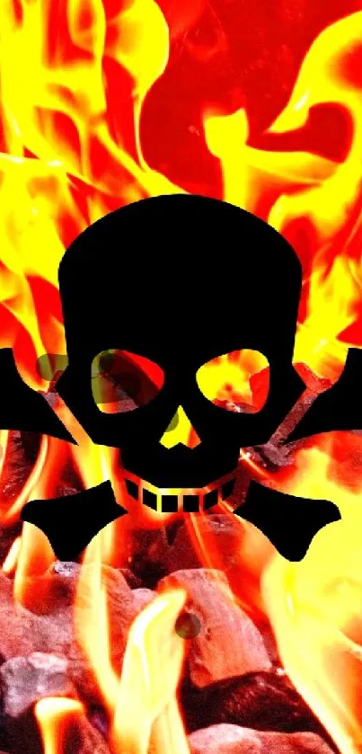 Fiery skull with glowing flames and embers background.