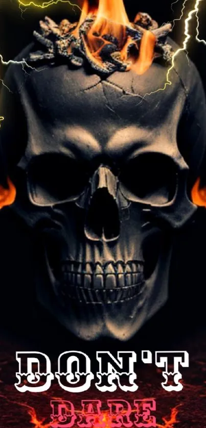 Dark skull with flames and lightning mobile wallpaper, bold design.