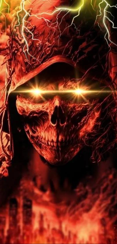 Fiery skull with glowing eyes and electric lightning on mobile wallpaper.