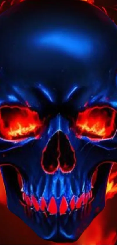 Blue skull with fiery red flames on a dark background.