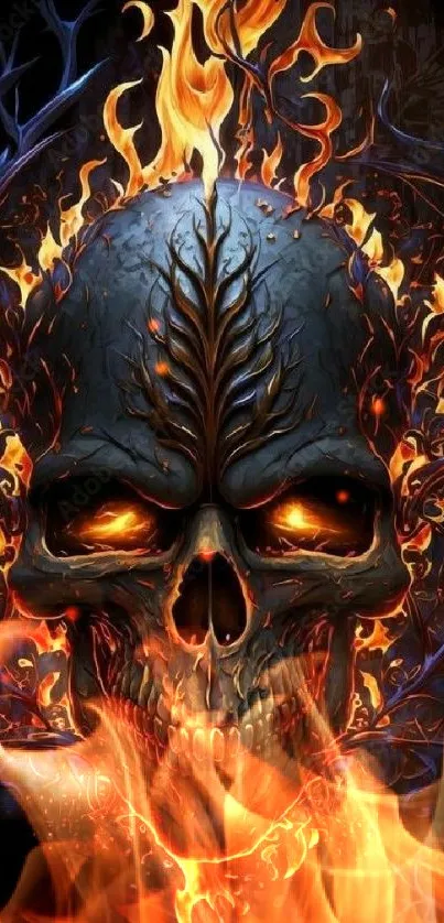 Fiery skull with vibrant flames mobile wallpaper design.