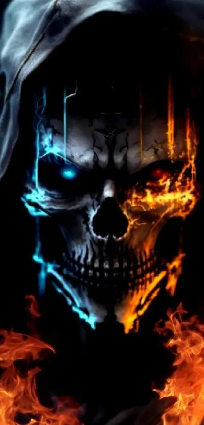 A fiery skull with orange and blue flames, hooded figure on a dark background.