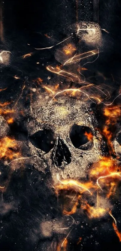 Fiery skulls with flames on black background, mobile wallpaper.