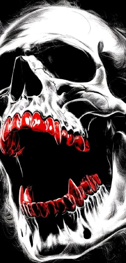 Fiery skull with red teeth on a black background.