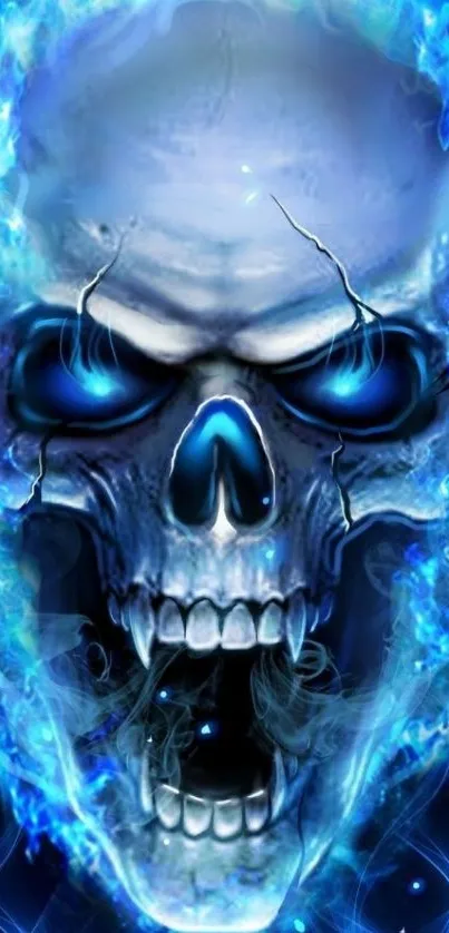 Fiery skull with blue flames wallpaper.