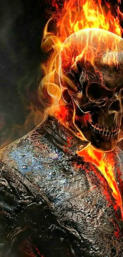 A fiery skull engulfed in flames on a dark wallpaper.