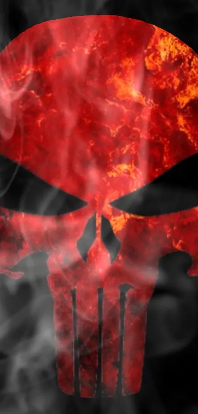 Fiery red skull with smoky background on wallpaper.