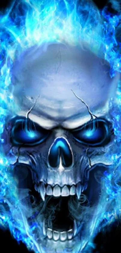 Blue skull with fiery flames on black background wallpaper.