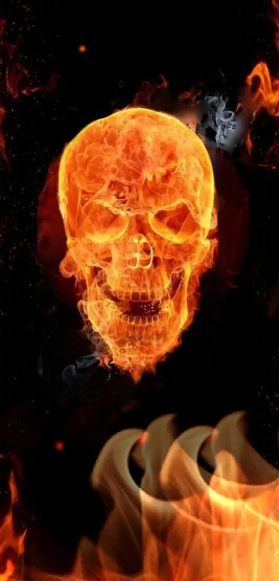 Fiery skull with flames mobile wallpaper, dark background.