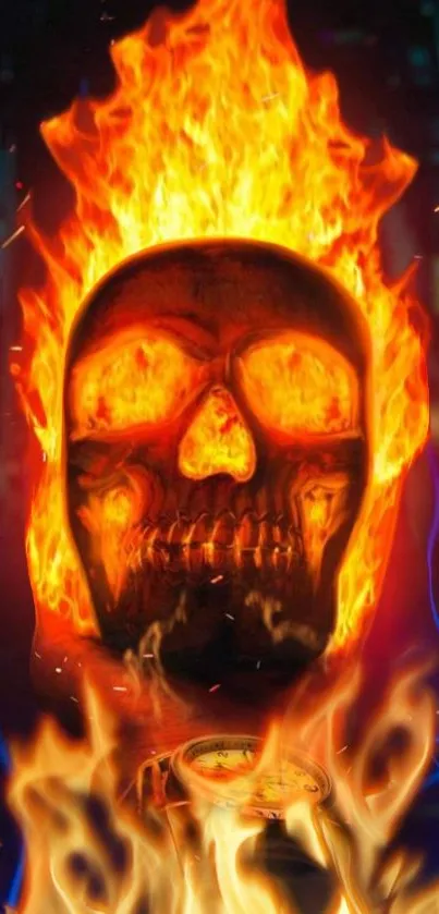 Fiery skull with vibrant flames for a mobile wallpaper.