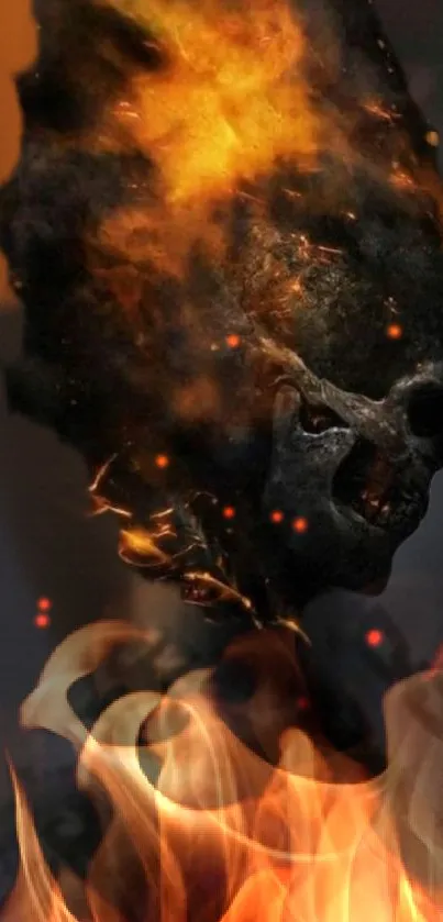 Fiery skull engulfed in flames, creating a dramatic wallpaper effect.