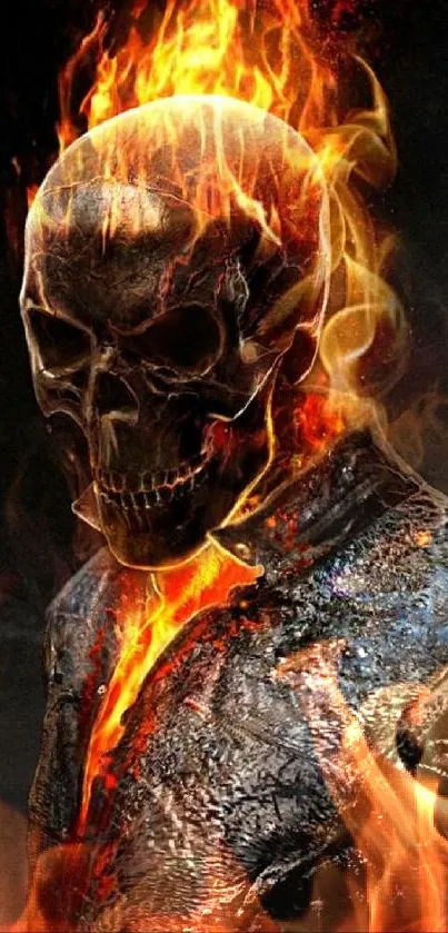 Flaming skull with vivid fire effect on a mobile wallpaper.