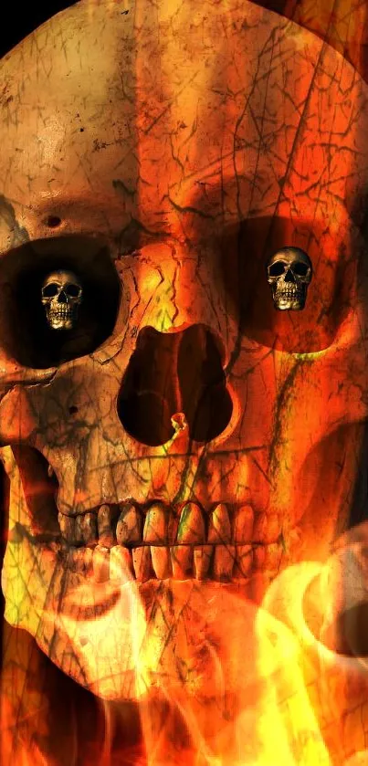 Fiery skull engulfed in intense orange flames, perfect for a bold mobile wallpaper.