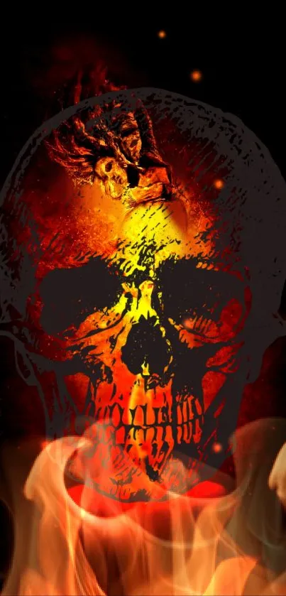 Mobile wallpaper with fiery skull and flames on a dark background.