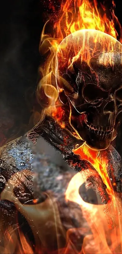 Fiery skull with flames and dark background mobile wallpaper.